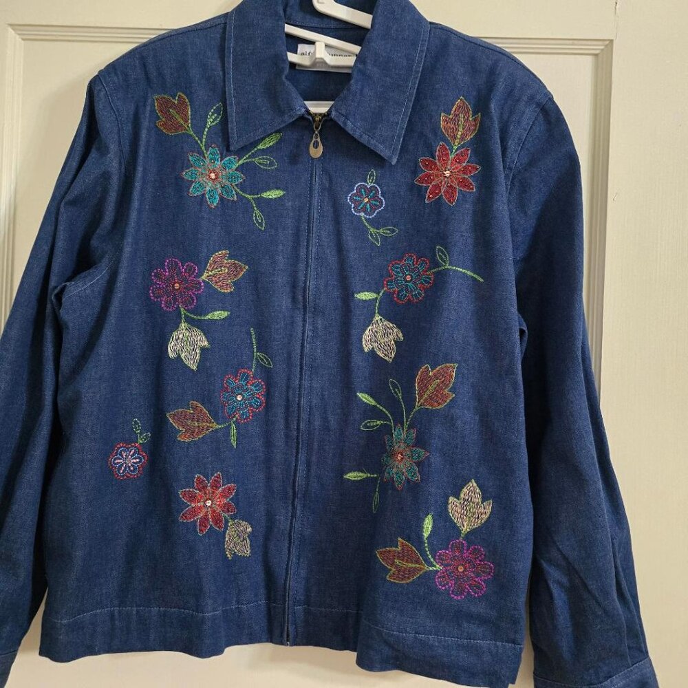 14P Alfred Dunner Embroidered Denim Lined Jacket - Zippered Long Sleeve